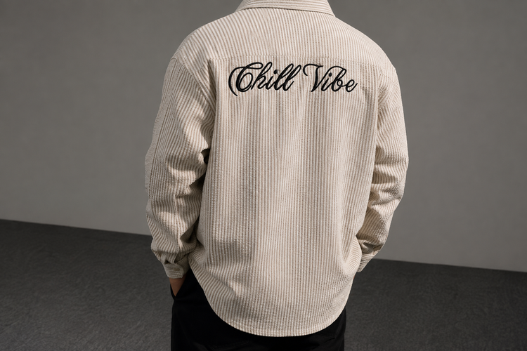 پیراهن آستین بلند کنفی پشت گلدوزی chill vibe ترند باکسی لش مردانه کرمی ابی روشن طوسی راه راه رینگری ترند بازار (۹۴۱)