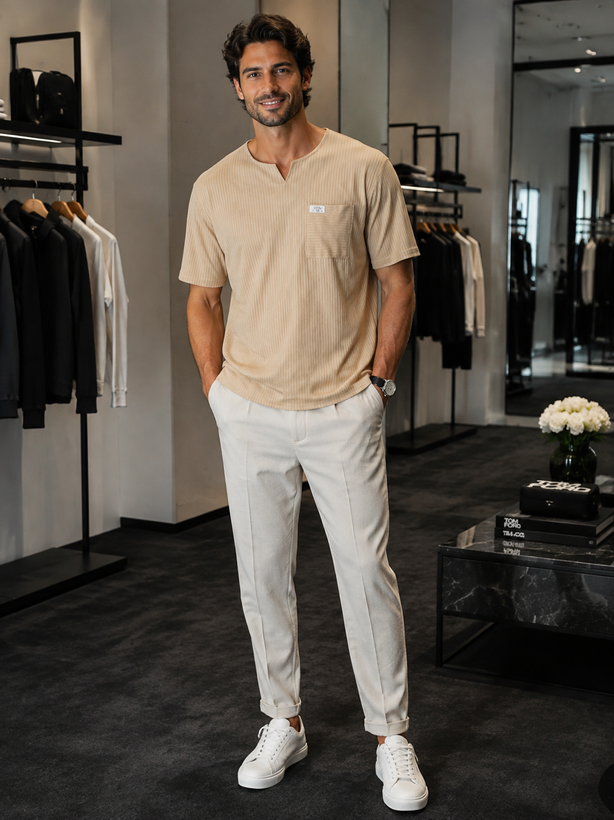 تیشرت یقه کوبایی یقه شکاری کرمی استین کوتاه مراکشی راه راه ترند مردانه (۶۰۵)
